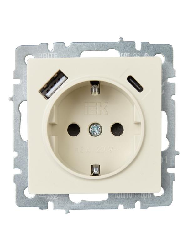BRITE Розетка с заземлением со шторками 16А с USB A+C 18Вт РЮш11-1-БрКр бежевый | BR-R14-16-U22-018-K10 | IEK — миниатюра 2