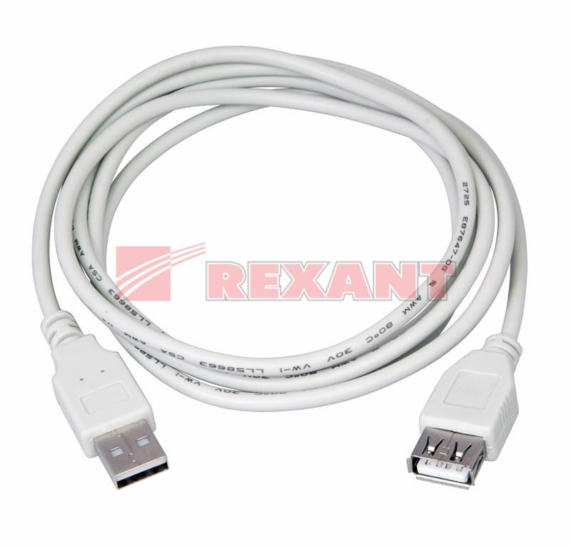 Шнур USB-A (male) штекер - USB-A (female) гнездо, длина 1,8 метра, белый (PE пакет) | 18-1114 | REXANT — миниатюра 2