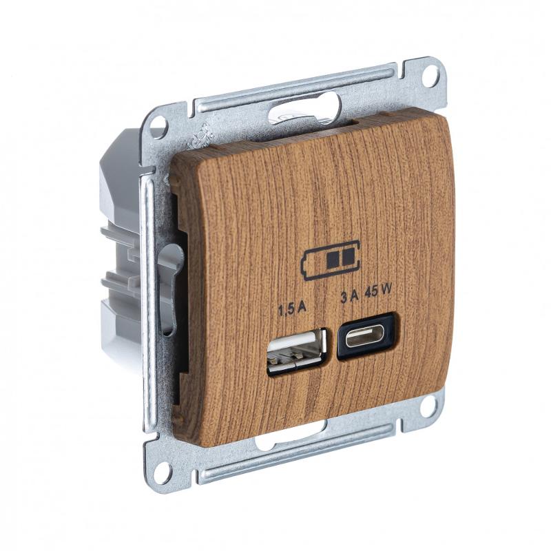 Glossa Дерево Дуб USB Розетка A + тип-C 45W высокоскор.заряд. QC PD | GSL000529 | SE — Systeme Electric