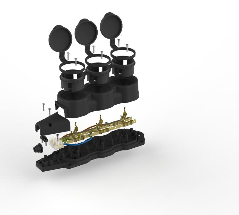 Колодка  KX-3e-B-IP44 каучуковая с заземлением 3 розетки 16A IP44 черная | Б0068453 | ЭРА — миниатюра 2