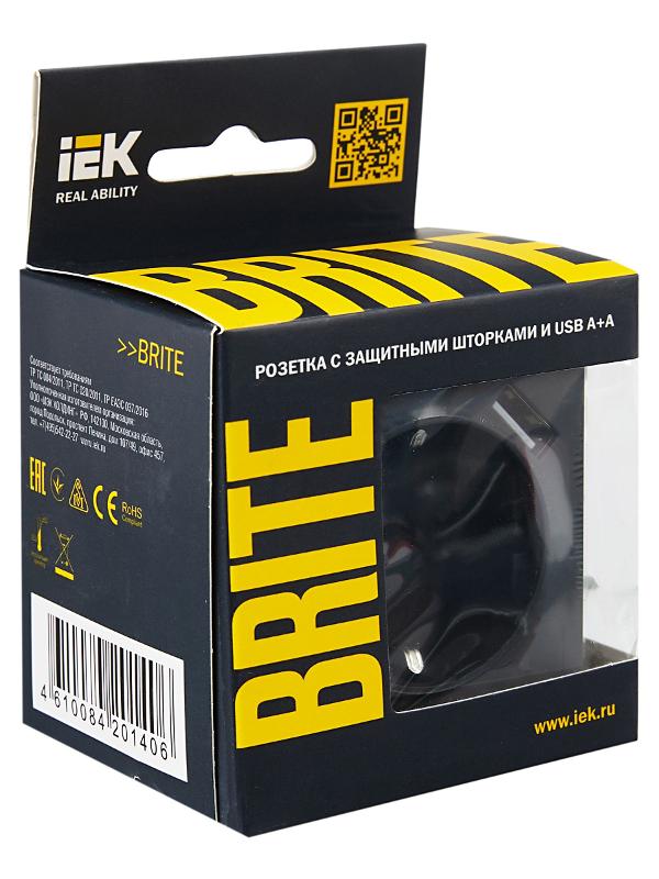 BRITE Розетка с заземлением со шторками 16А с USB A+A 3,1А РЮш10-2-БрГ графит | BR-R14-16-U21-D31-K53 | IEK — миниатюра 7