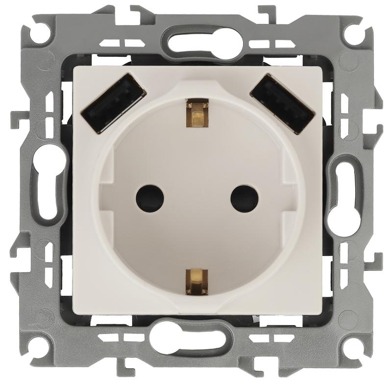 12-4109-02 Розетка с заземлением 16A-250В, штор. с 2xUSB 5В-3А, 12, слоновая кость  | Б0047841 | ЭРА — миниатюра 1