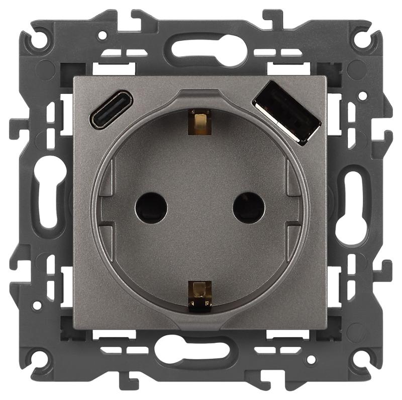 Розетка Elegance 14-4108-16 2P+E 16A-250В со шторками с USB type-A+C 5В-3А титан | Б0067695 | ЭРА — миниатюра 1