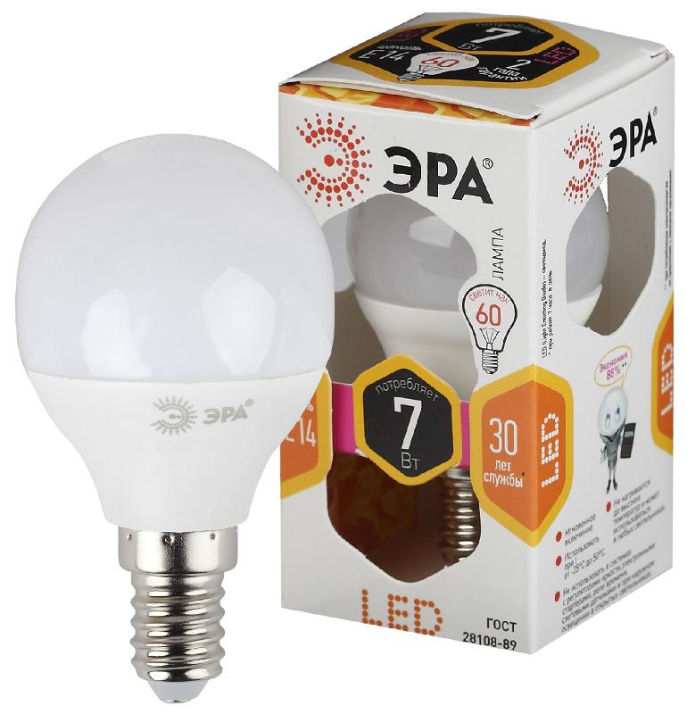 Лампа светодиодная LED 7Вт E14 220В 2700К smd P45 шар | Б0020548 | ЭРА — миниатюра 1