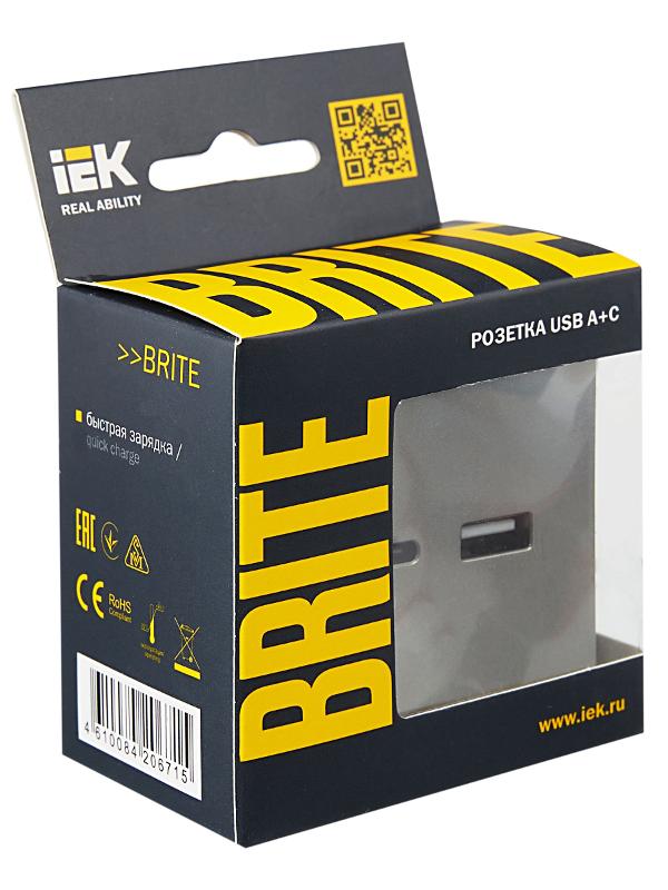BRITE Розетка USB A+C 18Вт РЮ11-1-БрС сталь | BR-U22-018-K46 | IEK — миниатюра 7