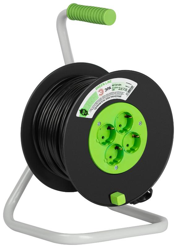 Удлинитель силовой ЭРА GREEN LINE KAT-3x1-40m Greenline на катушке пластик 4 розетки с заземлением 40м ПВС 3x1мм2  | Б0065116 | ЭРА — миниатюра 1