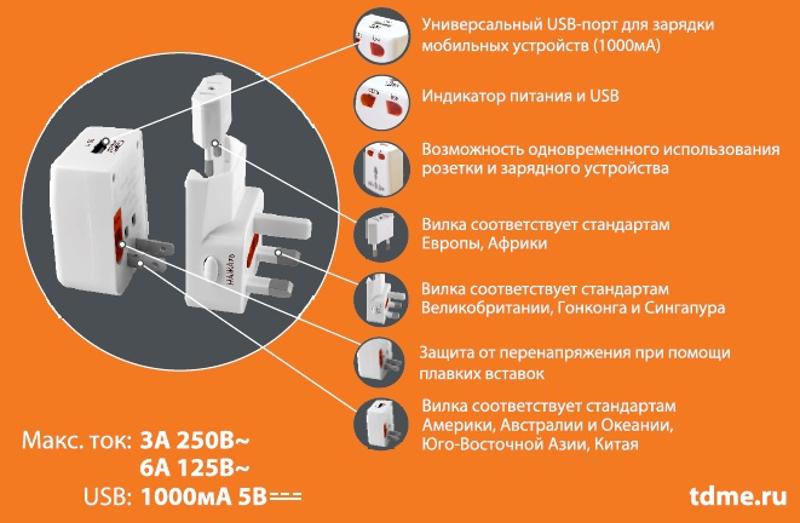 Тревел-адаптер 100-250В 3A (5 в 1) c USB-зарядкой 1000мА белый | SQ1806-0044 | TDM — миниатюра 2