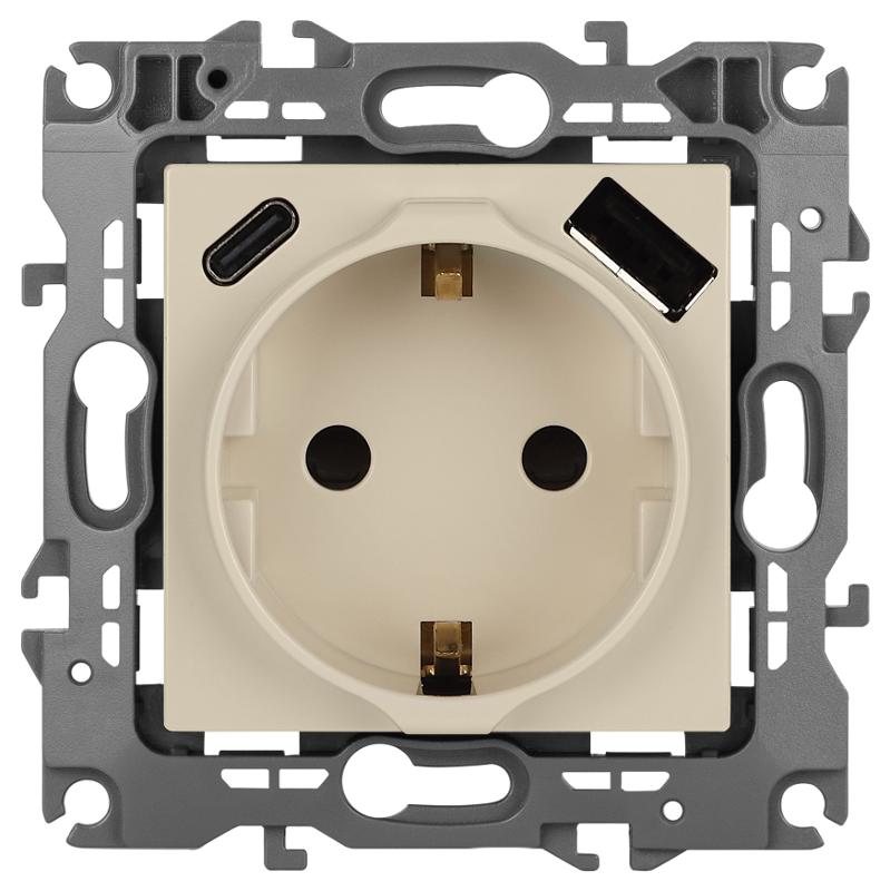 Розетка  Серия 12 12-4108-02 2P+E 16A-250В со шторками с USB type-A+C 5В-3А слоновая кость | Б0067731 | ЭРА — миниатюра 1