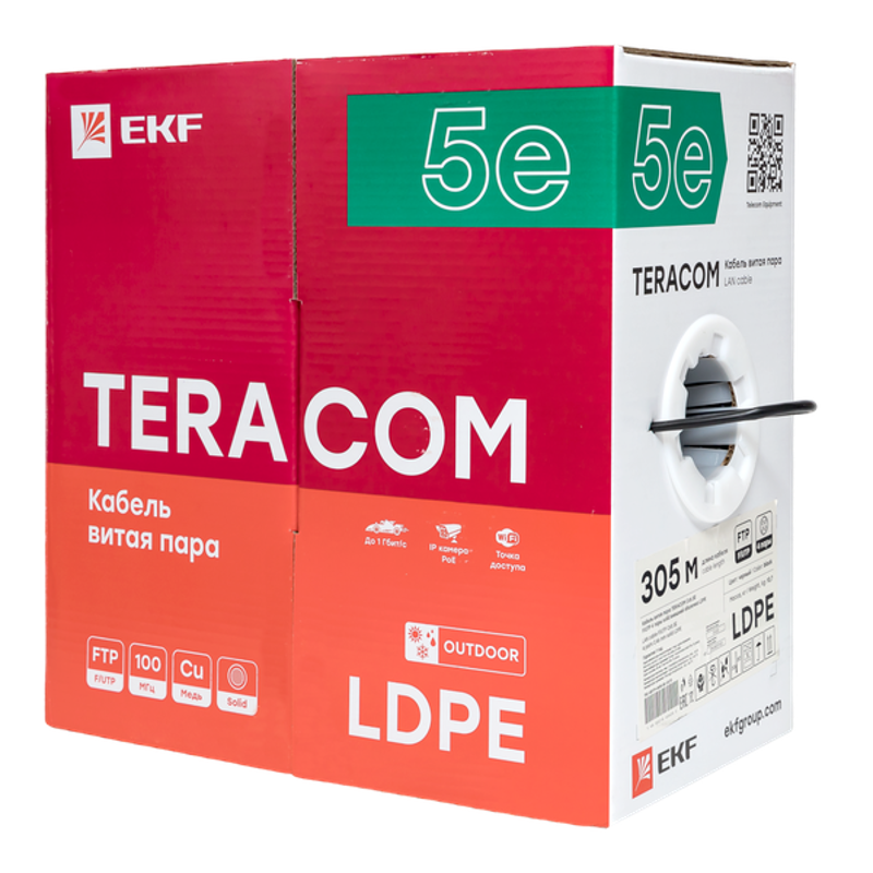 Кабель витая пара TERACOM Cat.5E F/UTP 4 пары solid внешний цвет черный упак. 305м | TRC-5EFTP-04PE-BK-OUT3 | EKF — миниатюра 13