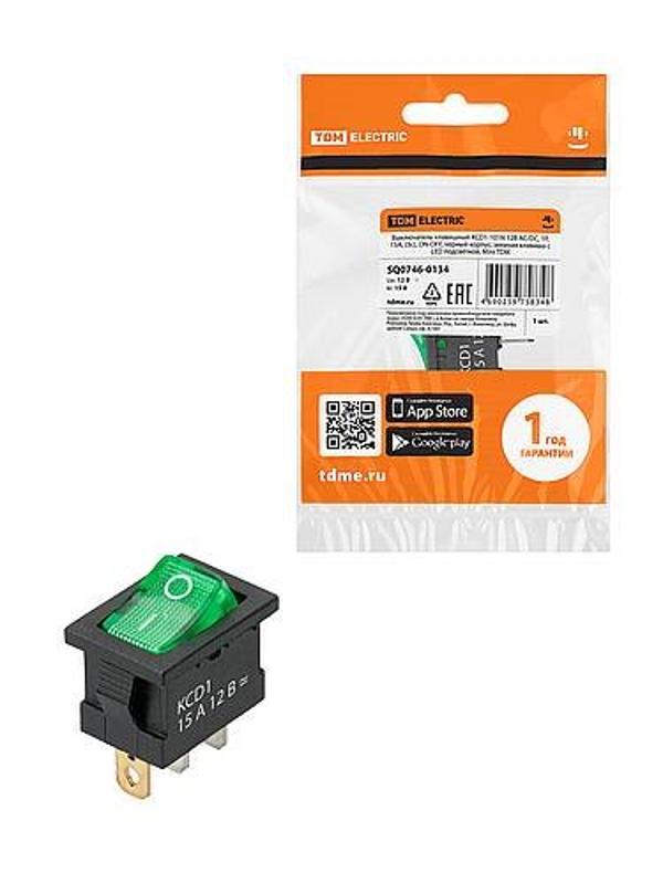 KCD1-101N 12В AC/DC, 1P, 15А, (3с), ON-OFF, черный корпус, зеленая клавиша, LED подсветка, Mini TDМ| SQ0746-0134 | TDM — TDM ELECTRIC