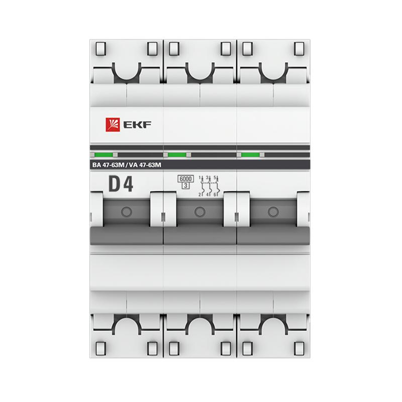 Выключатель автоматический трехполюсный 3P 4А (D) 6кА ВА 47-63M c одним магнитным расцепителем | mcb4763m-6-3-4D-pro | EKF — миниатюра 4