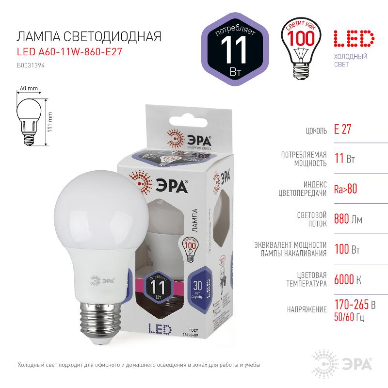 Лампа светодиодная LED 11Вт Е27 6000К smd A60-11W-860-E27 | Б0031394 | ЭРА — миниатюра 4