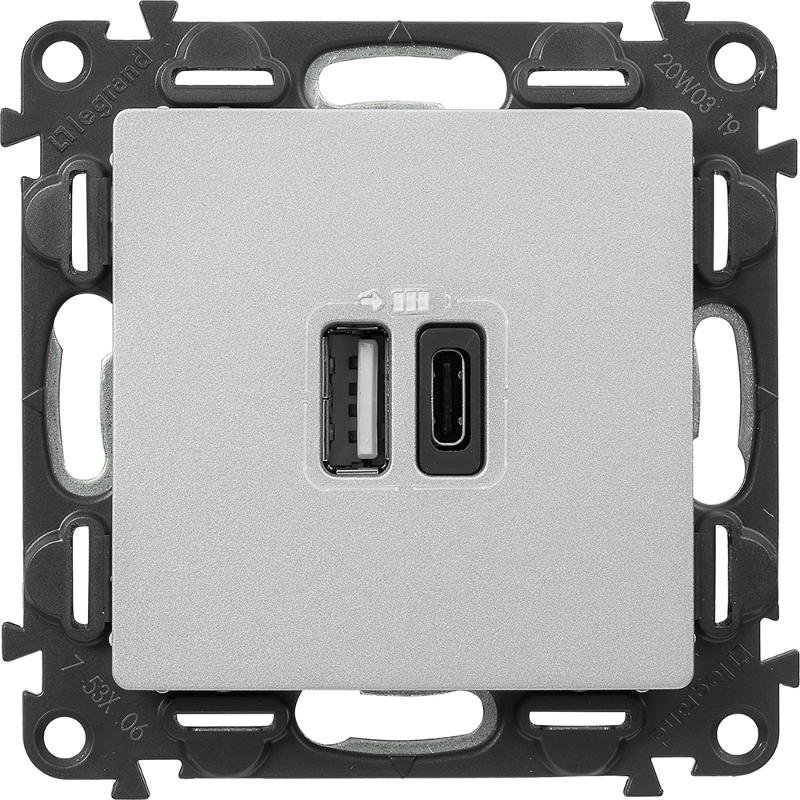 Valena LIFE Алюминий Зарядное устройство с 2-мя USB-разьемами тип A-тип С 240В/5В 3000мА С лицевой панелью — миниатюра 3