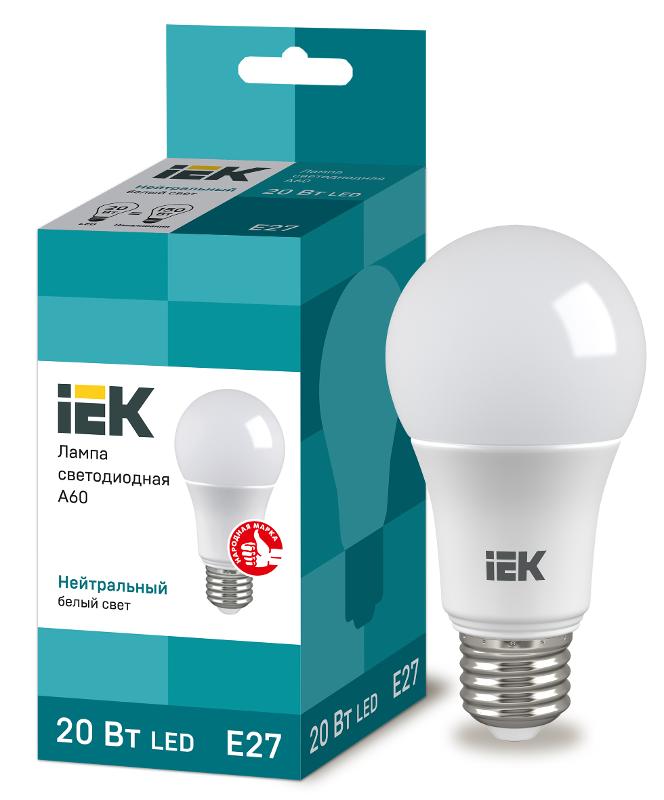 Лампа светодиодная LED 20Вт Е27 220В 4000К A60 груша | LLE-A60-20-230-40-E27 | IEK — миниатюра 1