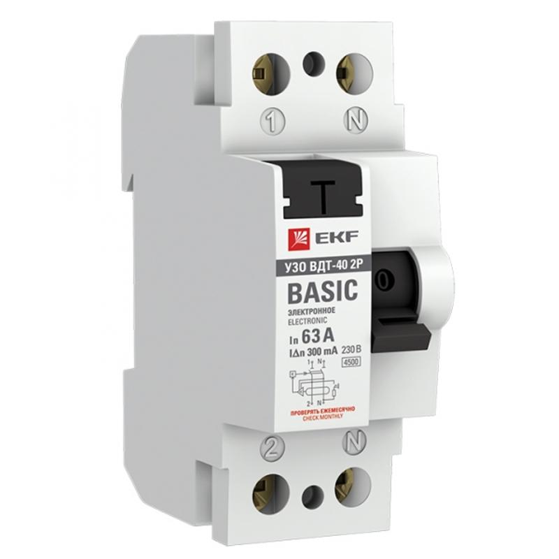 Выключатель дифференциальный (УЗО) ВД-40 2P 63А/300мА (электронное) Basic|elcb-2-63-300e-sim|EKF — EKF