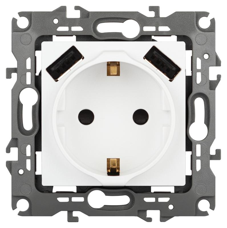 Розетка ЭРА Серия 12 12-4109-01М , 2P+E 16A-250В, штор. с 2xUSB 5В-3А, белый матовый  | Б0065728 | ЭРА — миниатюра 1