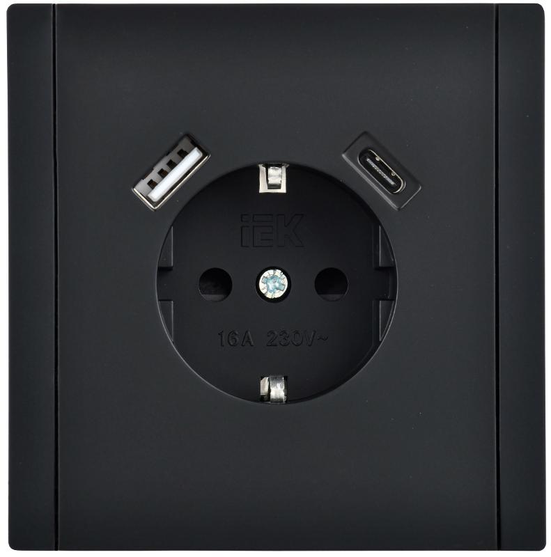FORTE&PIANO Розетка с заземлением, со шторками в/к 16А USB A+C 18Вт FP147 черный | FP-R14-16-U22-018-K02 | IEK — миниатюра 2