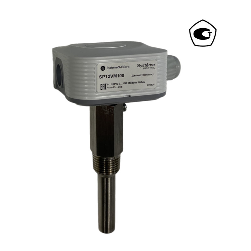 Датчик температуры погружной, 0…+100°С 0…10В RS485/Modbus 100мм ~24В±20%/=15…35В с гильзой 50мм | SPT2VM100 | SE — Systeme Electric