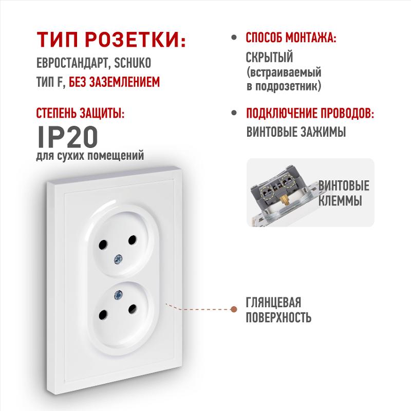 Розетка Galaxy 15-2107-01 без заземления двойная 2X2P 16А-250В IP20 белый | Б0071697 | ЭРА — миниатюра 5