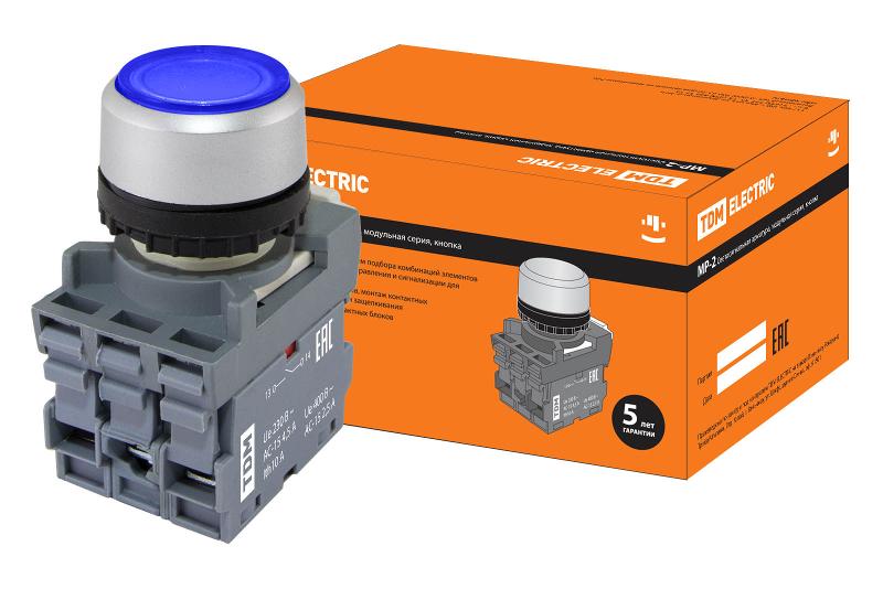 Кнопка с фиксацией MP2-21L(LED) в сборе d22мм/220В 1з+1р синяя | SQ0747-0024 | TDM — фото 1 | Sento