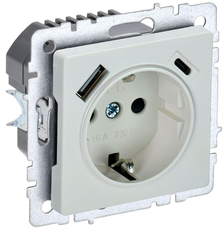 BRITE Розетка с заземлением со шторками 16А с USB A+C 18Вт РЮш11-1-БрЖ жемчужный | BR-R14-16-U22-018-K36 | IEK — IEK (ИЭК)