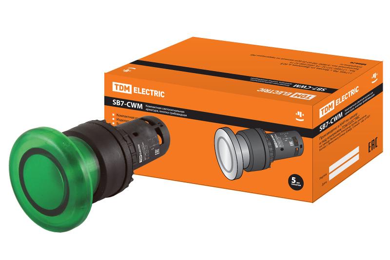 Кнопка грибовидная SB7-CWM31-220V(LED) d35мм 1з зеленая | SQ0746-0049 | TDM — фото 1 | Sento