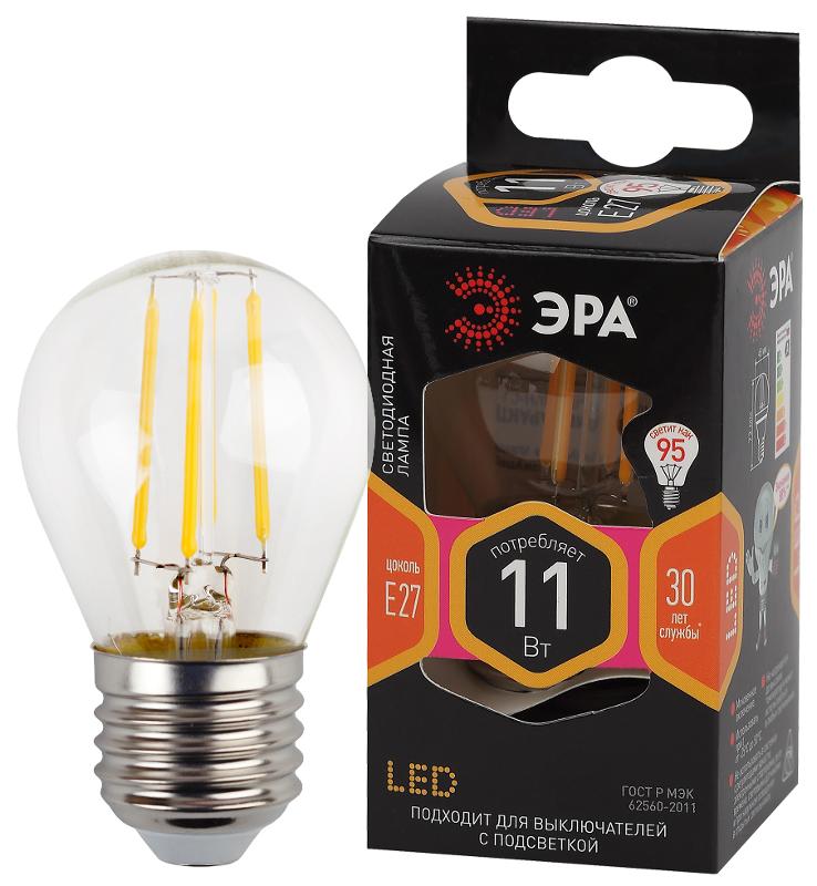 Лампа светодиодная F-LED P45-11w-827-E27 (филамент, шар, 11Вт, тепл, E27) | Б0047013 | ЭРА — миниатюра 1