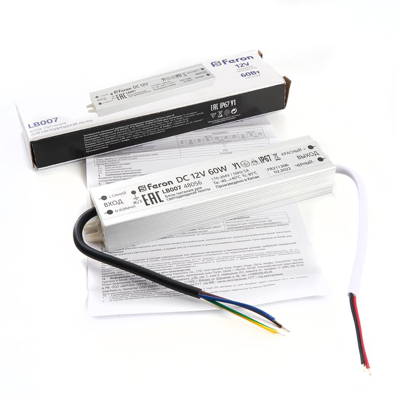Трансформатор электронный для светодиодной ленты 60W 12V IP67 (драйвер), LB007 FERON | 48056 | FERON — миниатюра 5