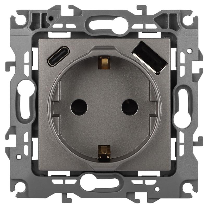 Розетка  Серия 12 12-4108-16 2P+E 16A-250В со шторками с USB type-A+C 5В-3А титан | Б0067762 | ЭРА — миниатюра 1