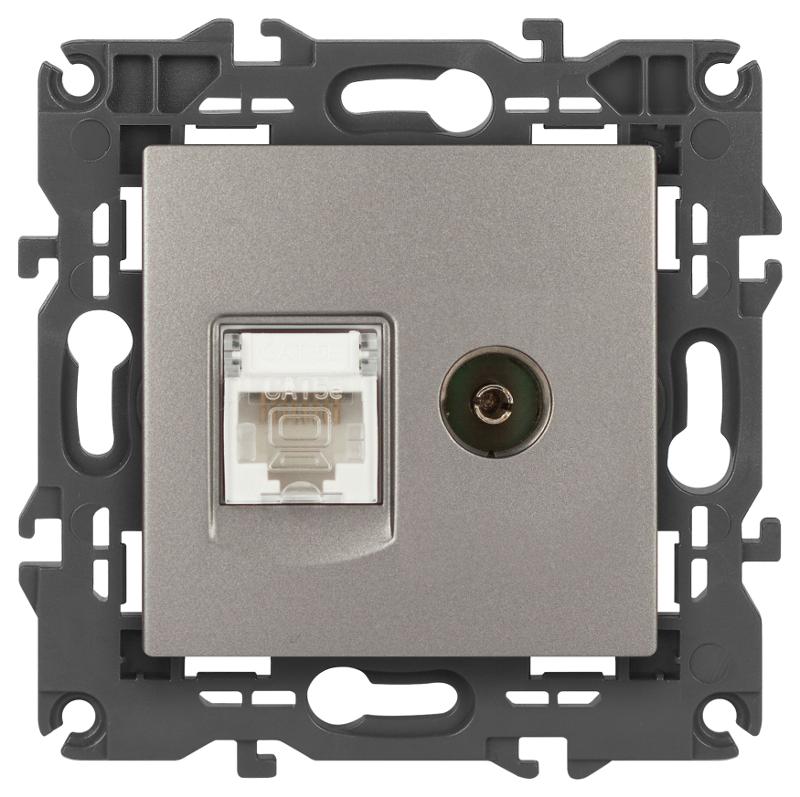 Розетка Elegance 14-3110-16 RJ45+TV, титан | Б0065768 | ЭРА — миниатюра 1
