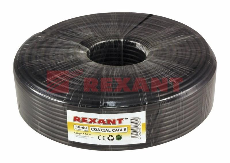 Кабель RG-6U+CU, (64%), 75 Ом, 100м., черный (OUTDOOR) | 01-2222 | REXANT — миниатюра 2