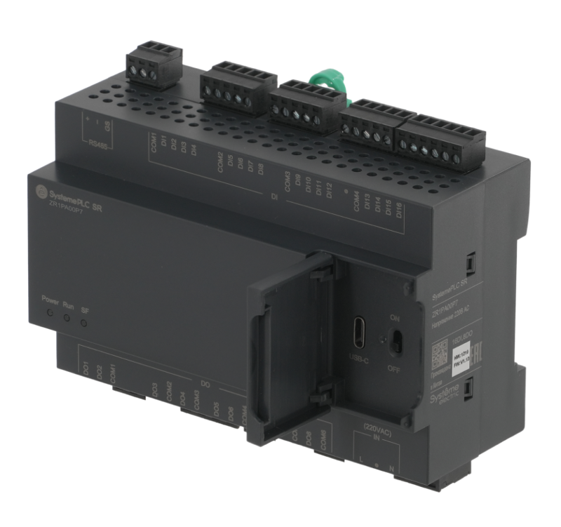 Реле интеллектуальное SR1, 220 VAC, 24 IO: 16 DI, 8 DO, 1xRS485, 1xUSB, без дисплея, без возможности расширения | ZR1PA00P7 | Systeme Electric — миниатюра 2