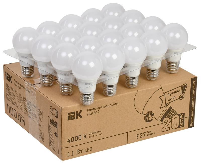 Лампа светодиодная LED A60 груша 11Вт 230В 4000К E27 (20шт/жкхпак) | LLE-A60-11-230-40-E27-20 | IEK — IEK (ИЭК)