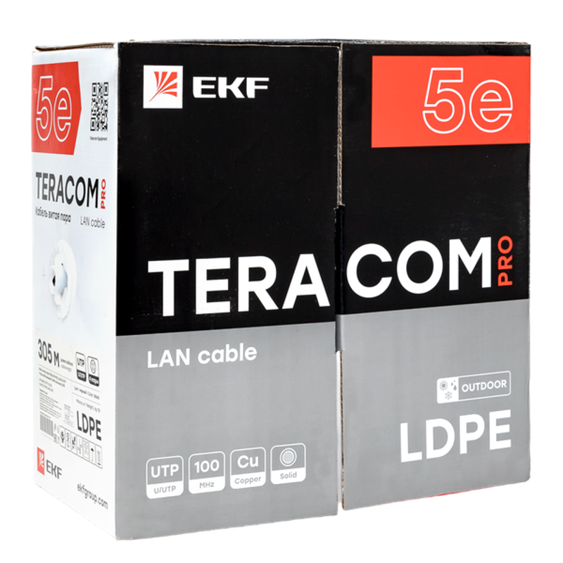 Кабель витая пара TERACOM PRO Cat.5E U/UTP 4 пары solid внешний 24AWG черный упак. 305м | TRP-5EUTP-04PE-BK-OUT3 | EKF — миниатюра 14