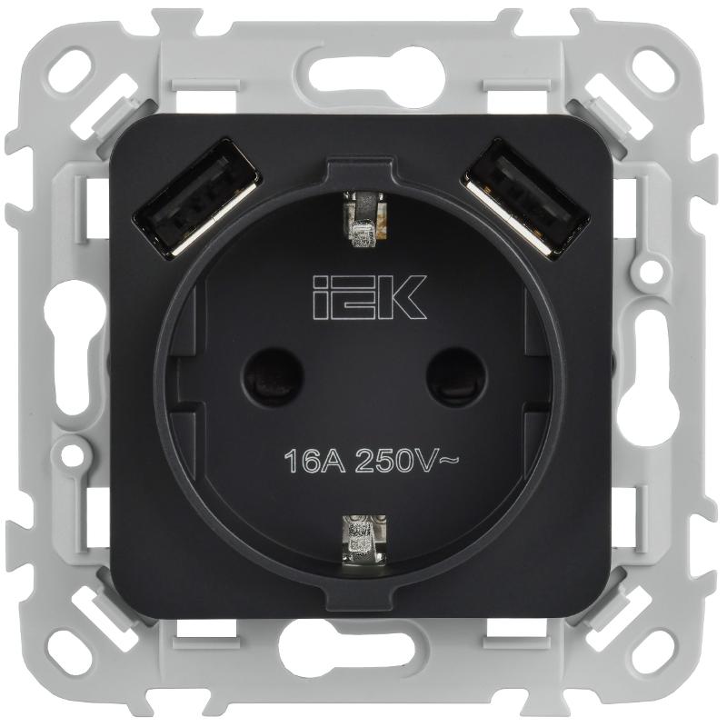 FLITE Розетка с заземлением со шторками 16А с USB A+A 3,1А быстрозажимные клеммы РСЮша11-1-ФлЧ черный | FI-R14-16-1-U21-D31-K02 | IEK — миниатюра 2