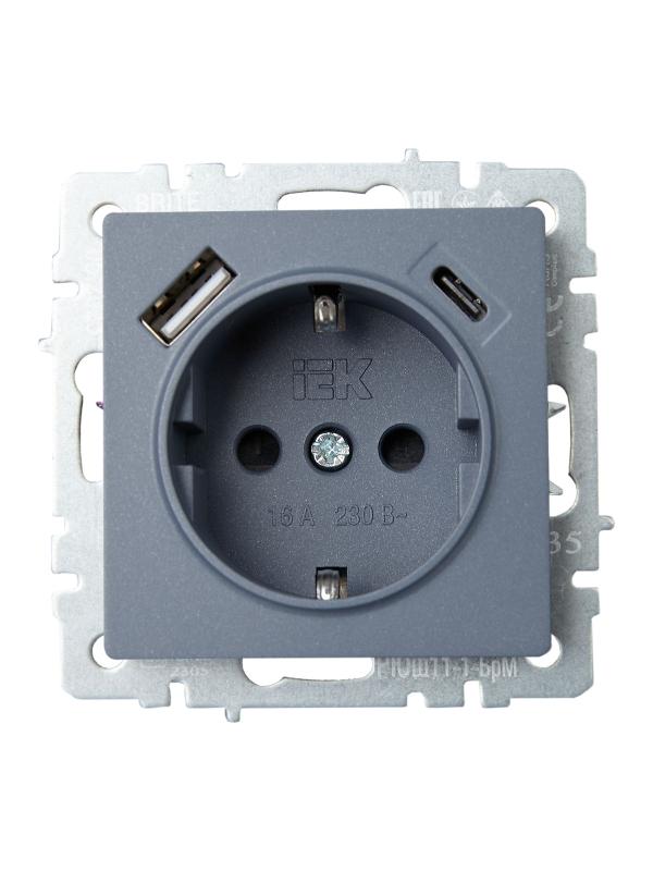 BRITE Розетка с заземлением со шторками 16А с USB A+C 18Вт РЮш11-1-БрМ маренго | BR-R14-16-U22-018-K35 | IEK — миниатюра 2
