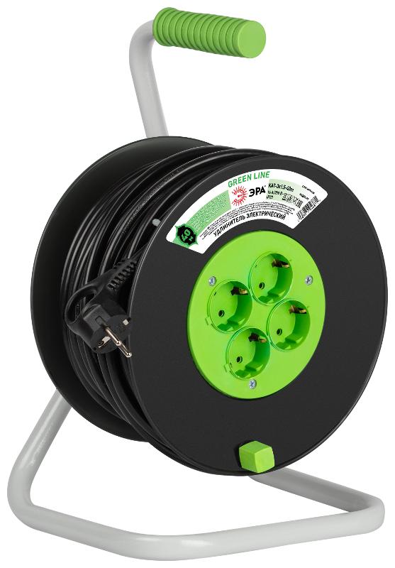 Удлинитель силовой ЭРА GREEN LINE KAT-3x1.5-40m Greenline на катушке пластик 4 розетки с заземлением 40м ПВС 3x1.5мм2  | Б0065132 | ЭРА — миниатюра 1
