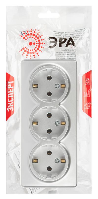 Розетка ЭРА Эксперт 11-2208-03 тройная с заземлением 3х2P+E Schuko IP20 16A-250В ОУ Алюминий | Б0063010 | ЭРА — миниатюра 2