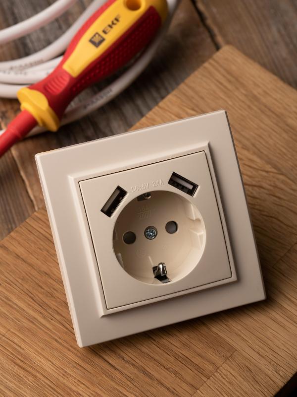 Минск Розетка 1-местная СП с/з 16А бежевая с защ. штор. с 2 USB 2,1А | ERR16-028-200-2USB | EKF — миниатюра 2