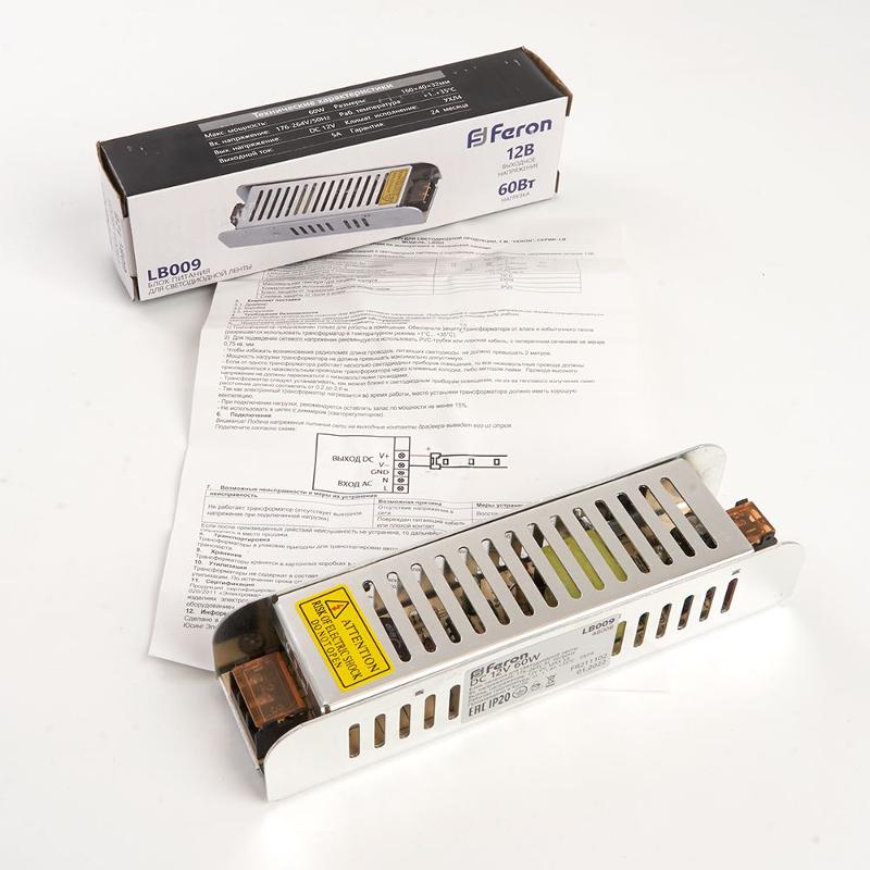 Трансформатор электронный для светодиодной ленты 60W 12V (драйвер), LB009 | 48008 | FERON — миниатюра 5