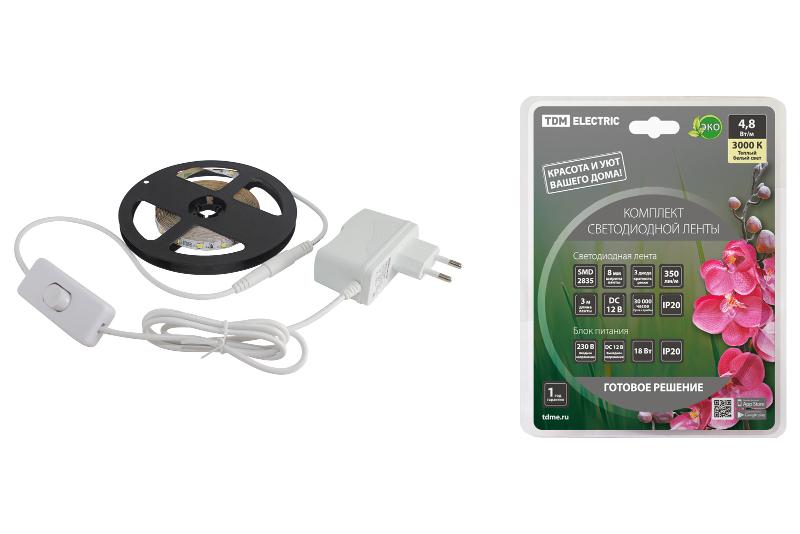 Комплект светодиодной ленты SMD2835-60 LED/м-12 В-4,8 Вт/м-IP20-3000 К (3 м), 18 Вт | SQ0331-0221 | TDM — фото 1 | Sento