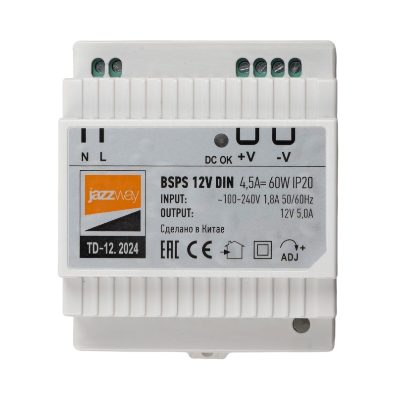 Драйвер для светодиодной ленты BSPS DIN 12V 4.5A=  60w PL IP20 3г.гар на DIN-рейку | .5049963 | Jazzway — миниатюра 1