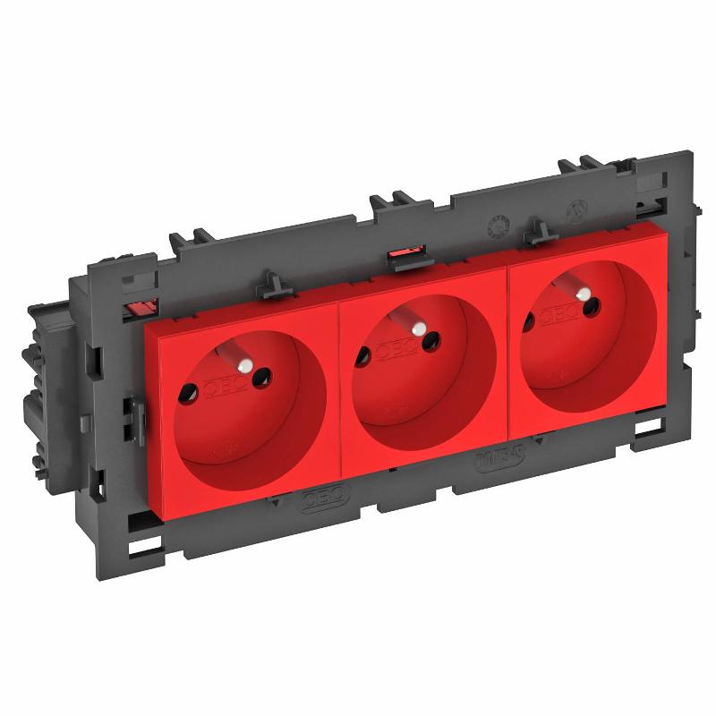 Розетка тройная 0° Modul45connect франц. стандарт, 250 В, 16A (красный) (STD-F0C8 SRO3) | 6120648 | OBO Bettermann — OBO Bettermann