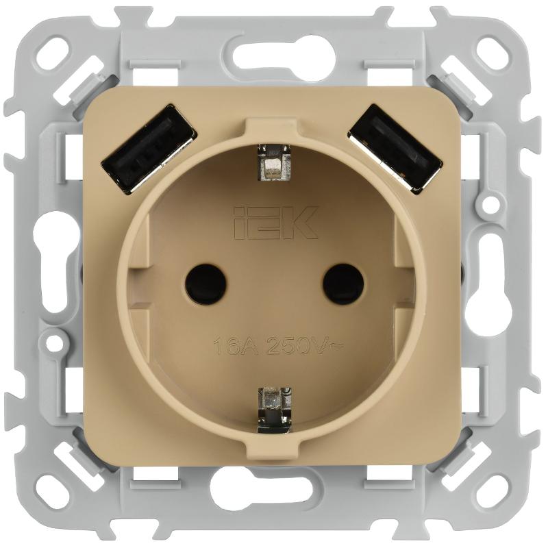 FLITE Розетка с заземлением со шторками 16А с USB A+A 3,1А быстрозажимные клеммы РСЮша11-1-ФлХ хаки | FI-R14-16-1-U21-D31-K59 | IEK — миниатюра 2