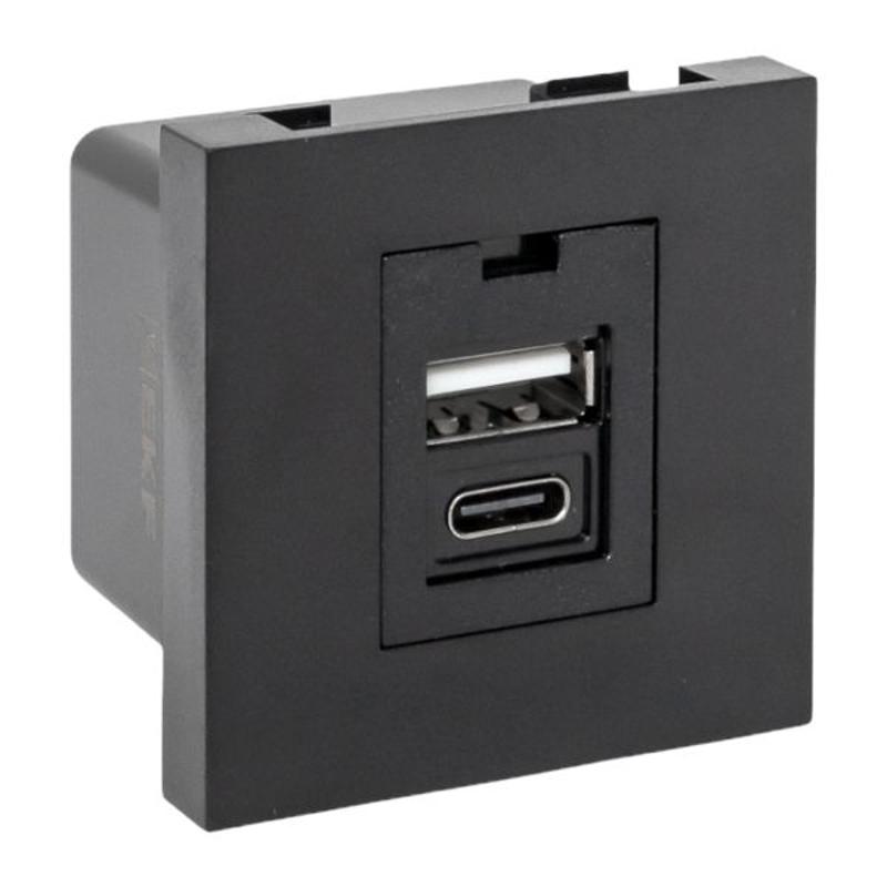 Розетка USB A+C, 2.1А, 2 гнезда, без индикатора, черная, матовая |E2MR2B-21USB-10-AC|EKF — EKF