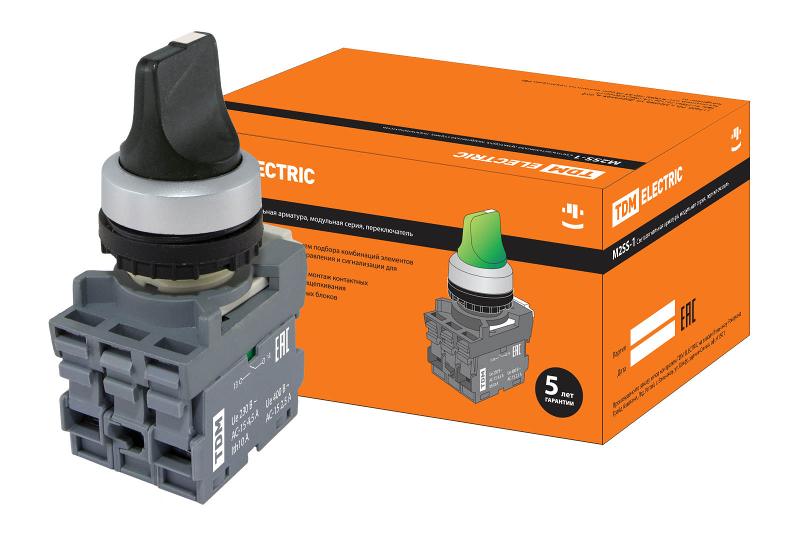 Переключатель на 3 положения с фиксацией M3SS1-20B короткая ручка в сборе d22мм 1з+1р черный | SQ0747-0079 | TDM — фото 1 | Sento