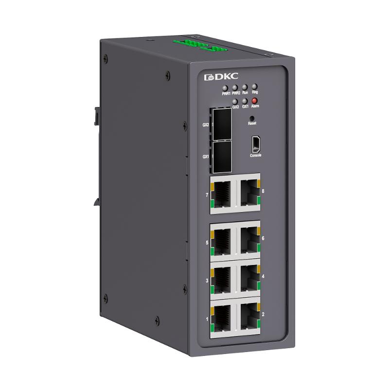 Промышленный управляемый коммутатор, 2×100Base-X, 1000Base-X, 10/100/1000Base-T(X) SFP слота: 8×10/100Base-T(X) портов RJ45, конс. порт Mini USB, 24-4 — DKC (ДКС)