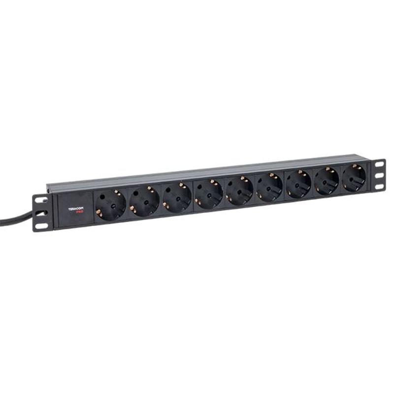 Блок розеток PDU TERACOM PRO 19" 1U 16А/250В 9 розеток Schuko 2 м 3x1,5 мм2 вилка Schuko | TRP-HPD-16A-9SH-2MSH | EKF — миниатюра 1