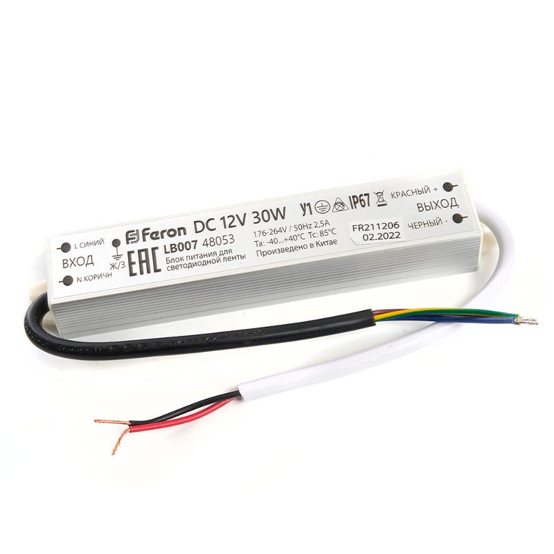 Трансформатор электронный для светодиодной ленты 30W 12V IP67 (драйвер), LB007 FERON | 48053 | FERON — миниатюра 1