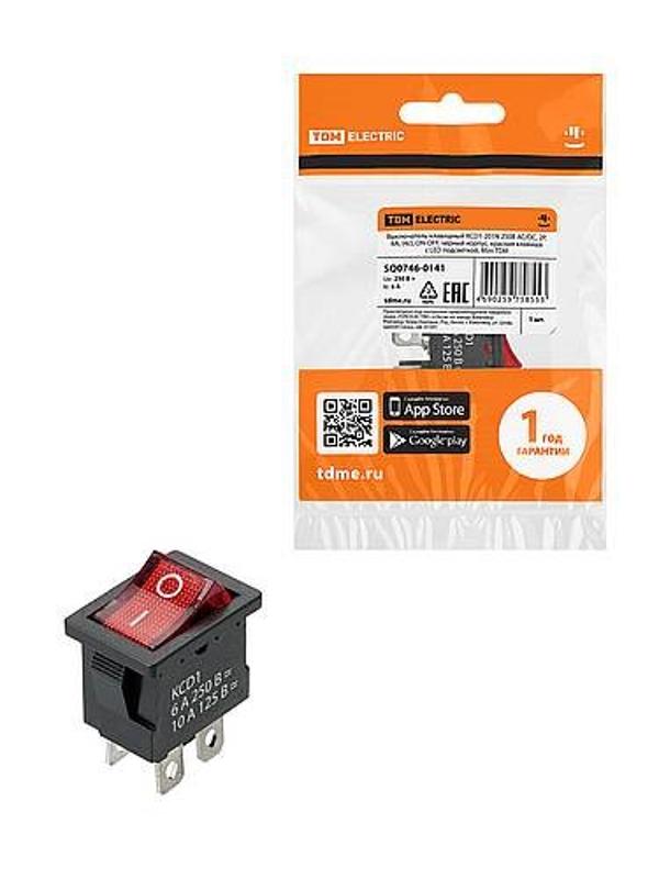 KCD1-201N 250В AC/DC, 2P, 6А, (4с), ON-OFF, черный корпус, красная клавиша, с LED подсв., Mini | SQ0746-0141 | TDM — TDM ELECTRIC